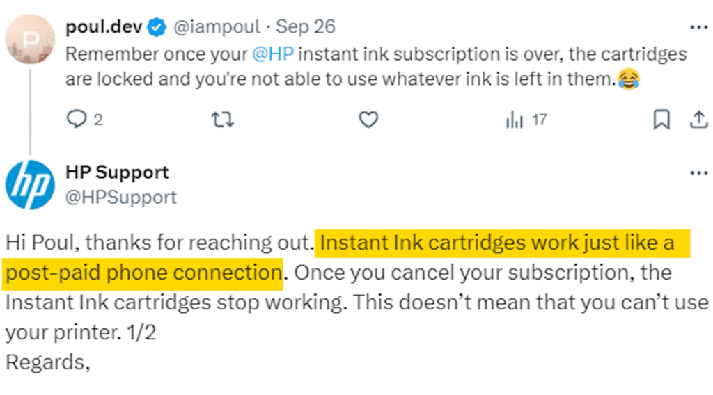 “Los cartuchos instant ink funcionan como si contratases una línea de teléfono: una vez has cancelado la suscripción, los cartuchos instant ink dejan de funcionar”. 