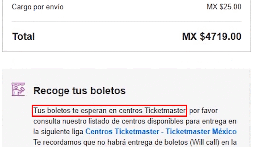 Gastos de envío TicketMaster