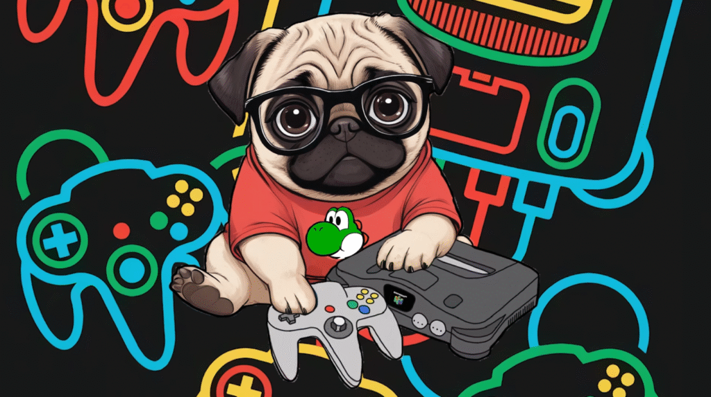 Perrito cucufloros de joven con una Nintendo 64