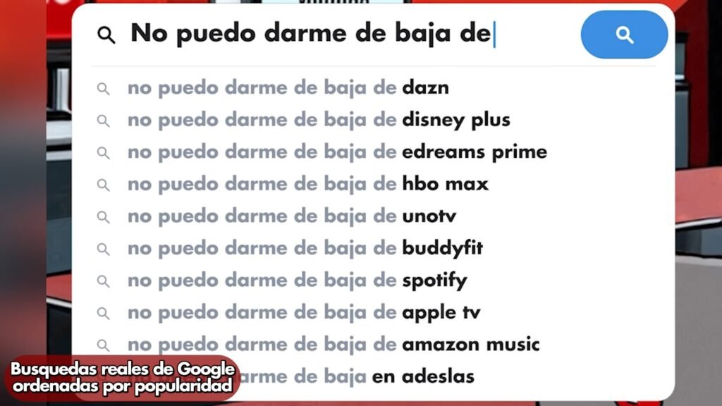Búsquedas reales en Google de «no puedo darme de baja de» DAZN, Disney Plus, eDreams Prime, HBO Max, Spotify, Apple TV y Amazon Music