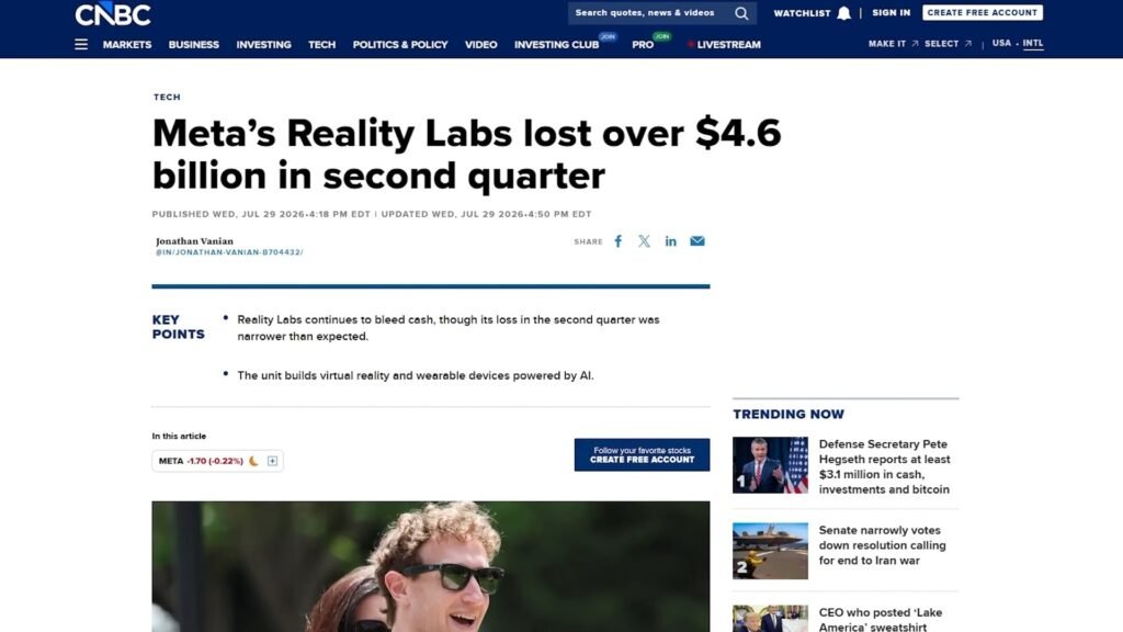 CNBC: Reality Labs, la división de gafas de realidad virtual de Meta, pierde más de 4.600 millones de dólares en el segundo trimestre