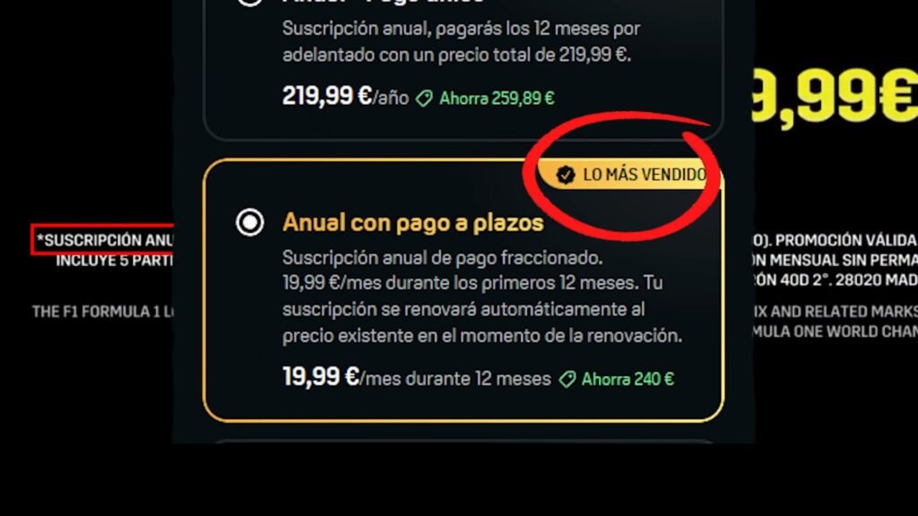 Tarifa anual con pago a plazos de DAZN a 19,99 euros al mes, marcada por defecto como la más vendida