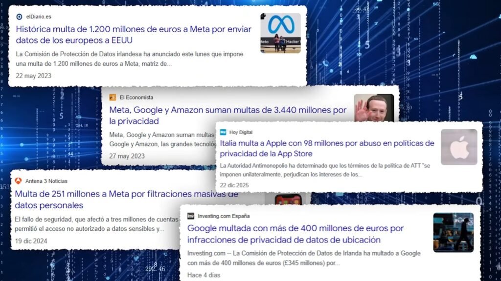 Titulares sobre multas millonarias por privacidad a Meta, Google, Amazon y Apple