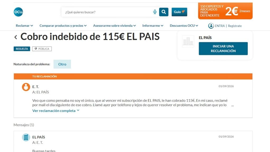 Reclamación pública en la web de la OCU por un cobro indebido de 115 euros de El País tras una renovación automática