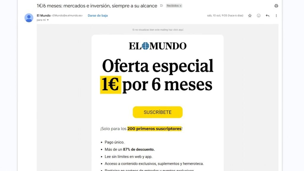 Email promocional de El Mundo con una oferta especial de suscripción por 1 euro durante 6 meses