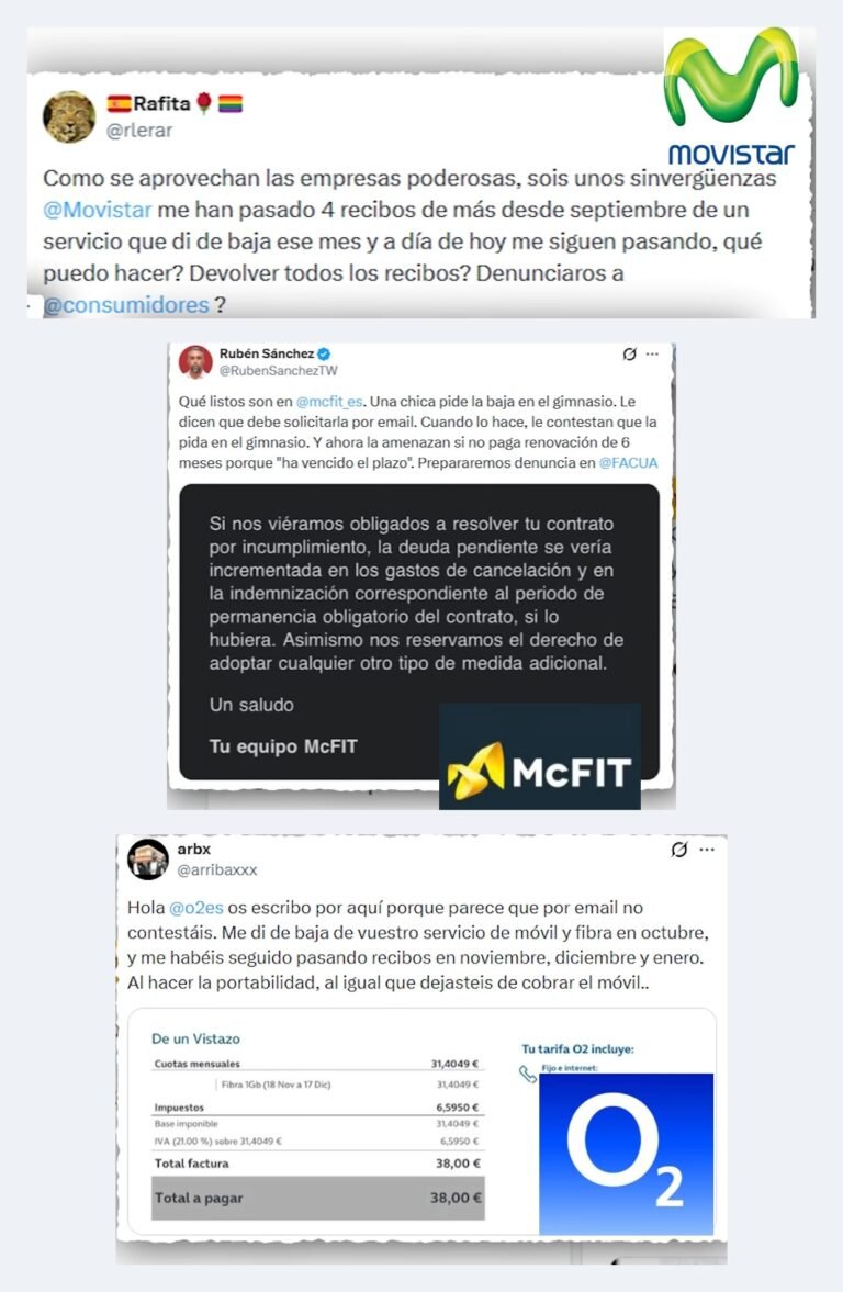 Quejas en redes de clientes de Movistar, McFit y O2 que siguen recibiendo recibos o amenazas de cobro después de haber pedido la baja