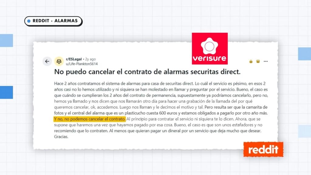 Publicación en Reddit de un usuario que no puede cancelar su contrato de alarmas con Securitas Direct