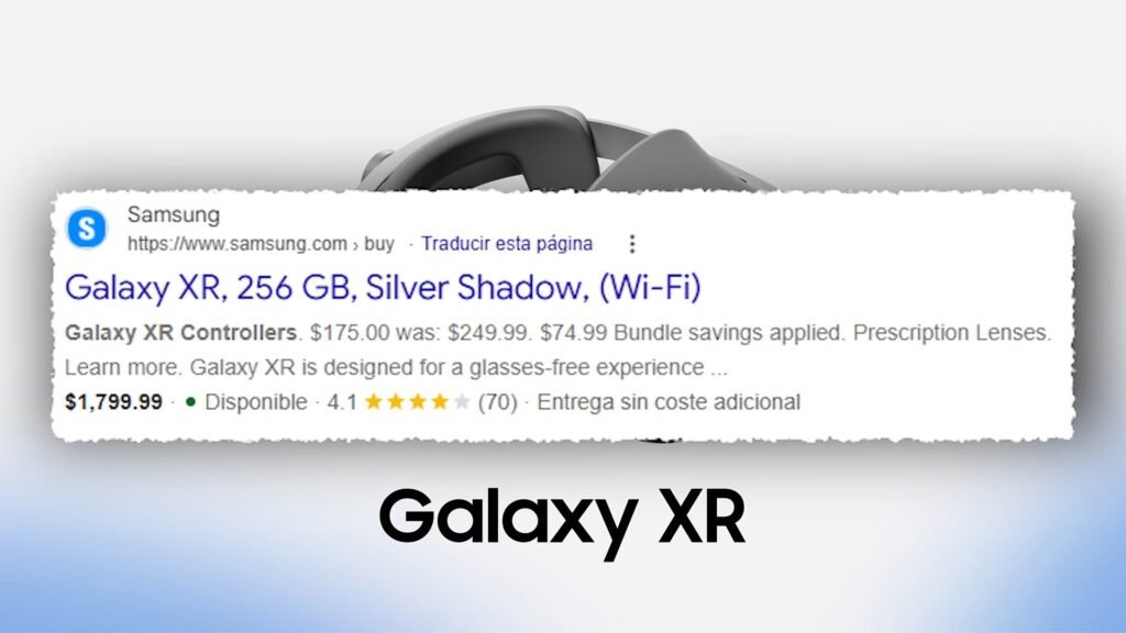Precio de las gafas de realidad virtual Samsung Galaxy XR en la web de Samsung: 1.799,99 dólares